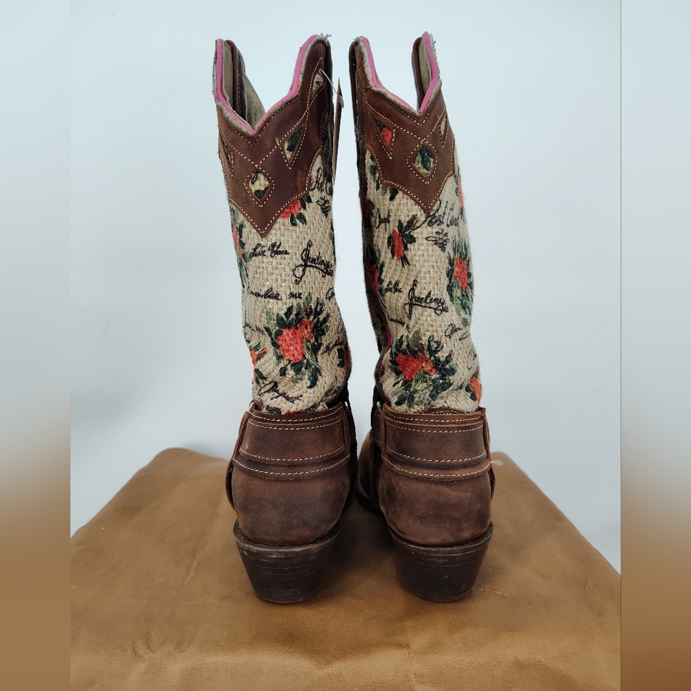 Rouswest Tan Leather And Fabric With Roses Snip Toe Cowboy Boots Women's Size 9 - Picture 5 of 7